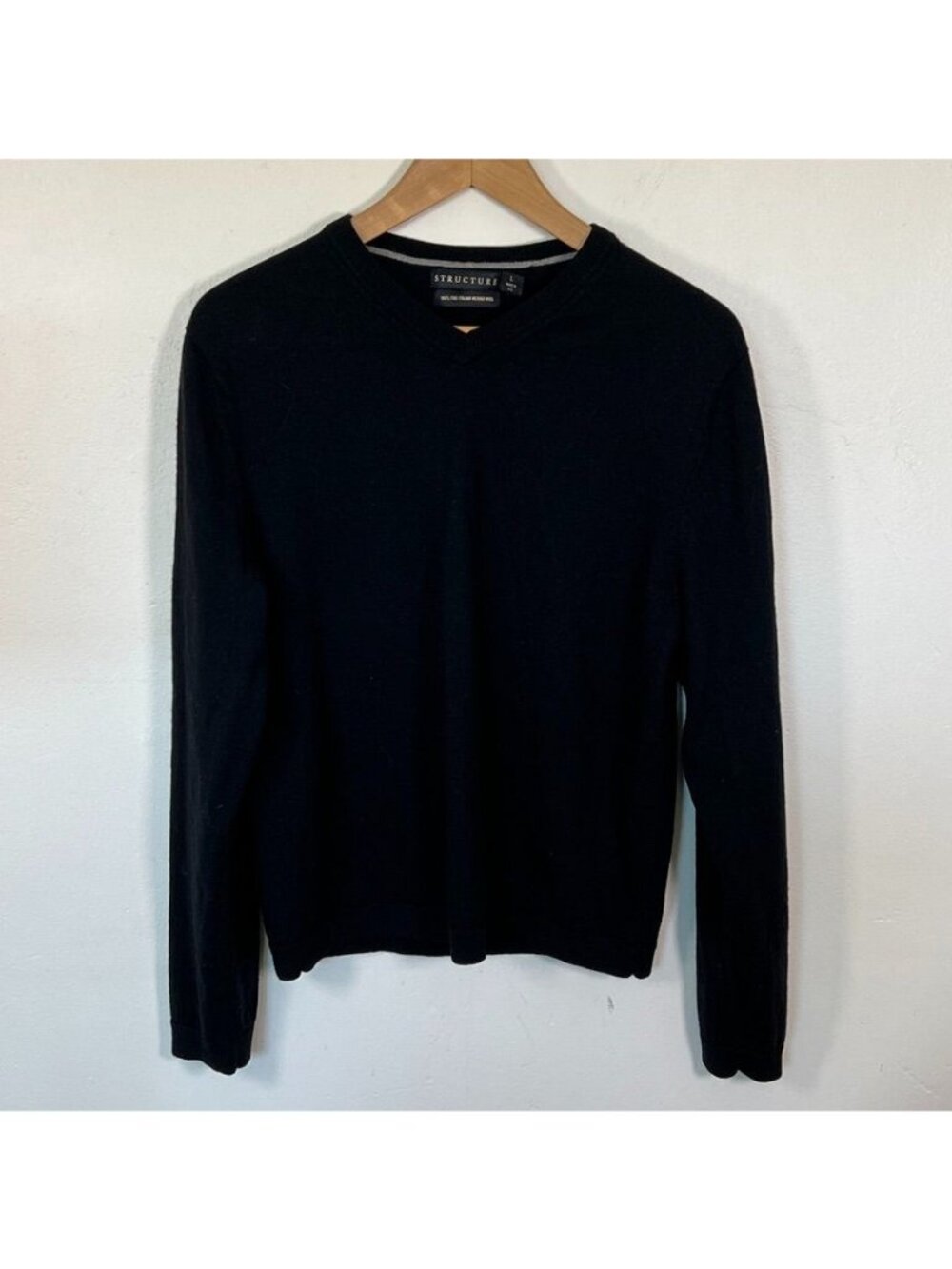 Vintage Y2K Structure Black Merino Wool V Neck Sweater Mens L Made in UK - Picture 2 of 10